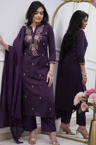 Women wine embroidered kurta set with dupatta
