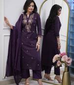 Women wine embroidered kurta set with dupatta