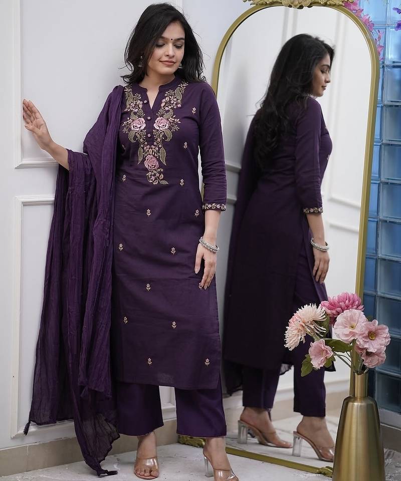 Women wine embroidered kurta set with dupatta