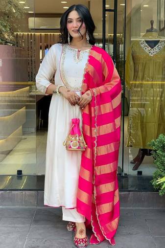 Women cream embroidered anarkali kurta set with dupatta