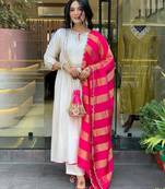 Women cream embroidered anarkali kurta set with dupatta