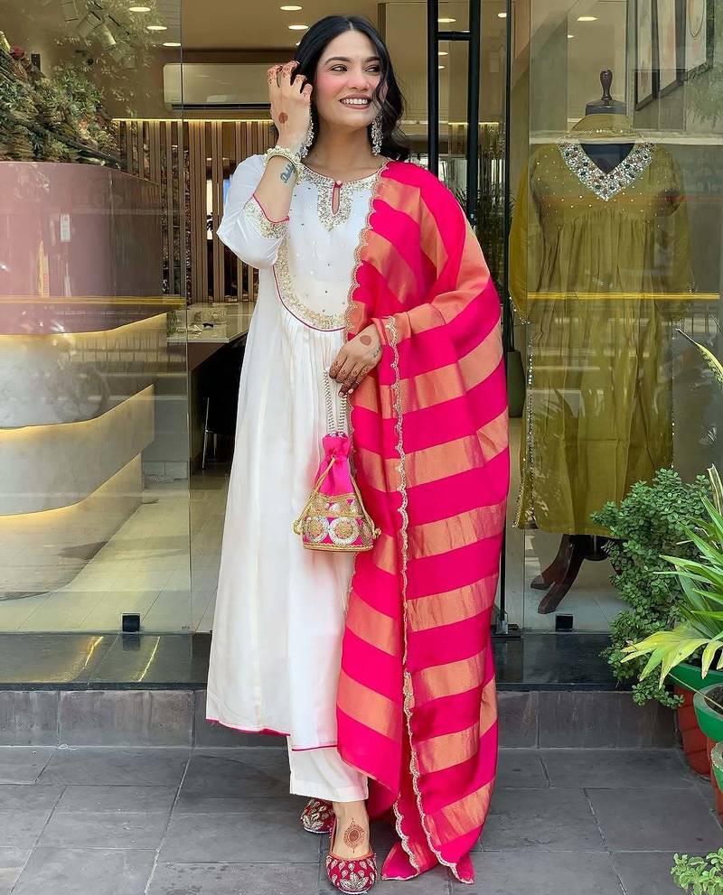 Women cream embroidered anarkali kurta set with dupatta