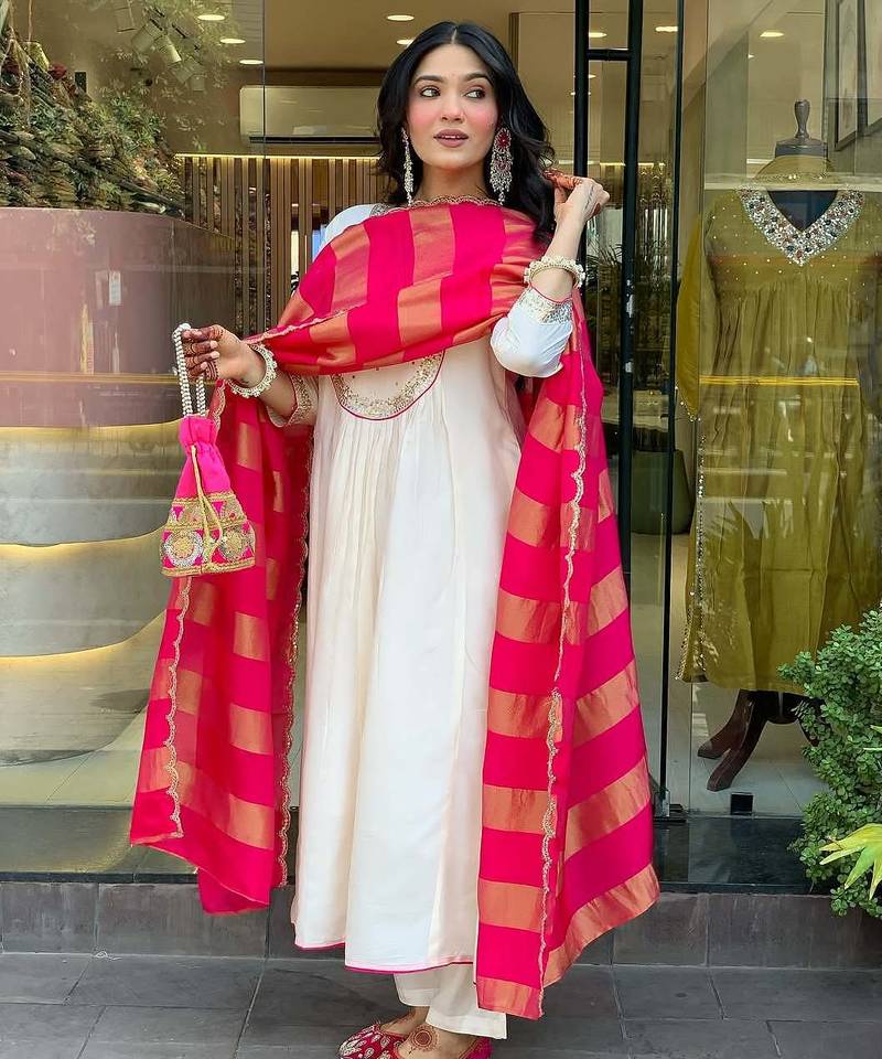 Women cream embroidered anarkali kurta set with dupatta