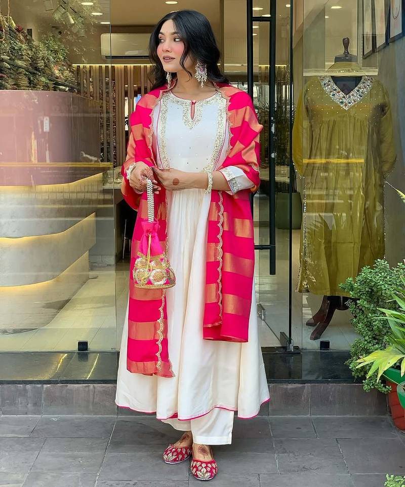 Women cream embroidered anarkali kurta set with dupatta