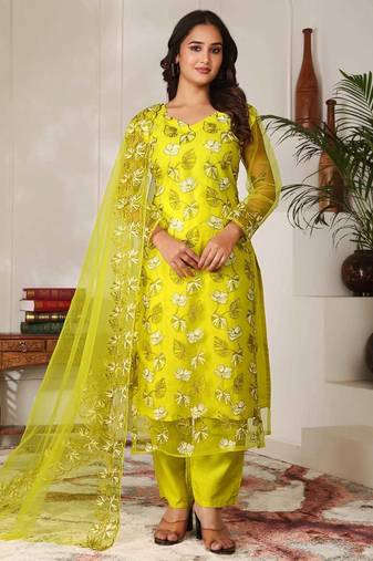 Women lime green embroidered kurta set with dupatta