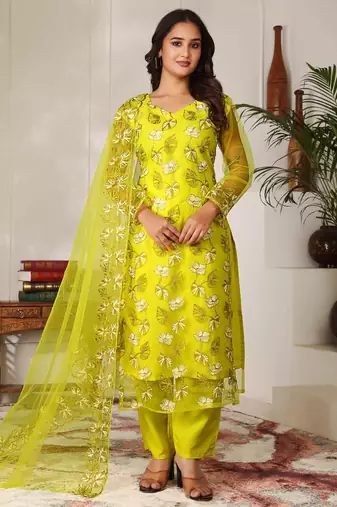 Women lime green embroidered kurta set with dupatta