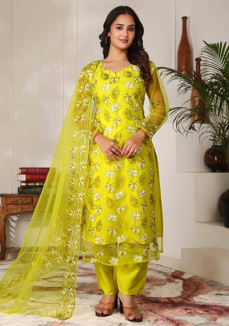 Women lime green embroidered kurta set with dupatta