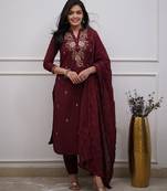 Women maroon embroidered kurta set with dupatta