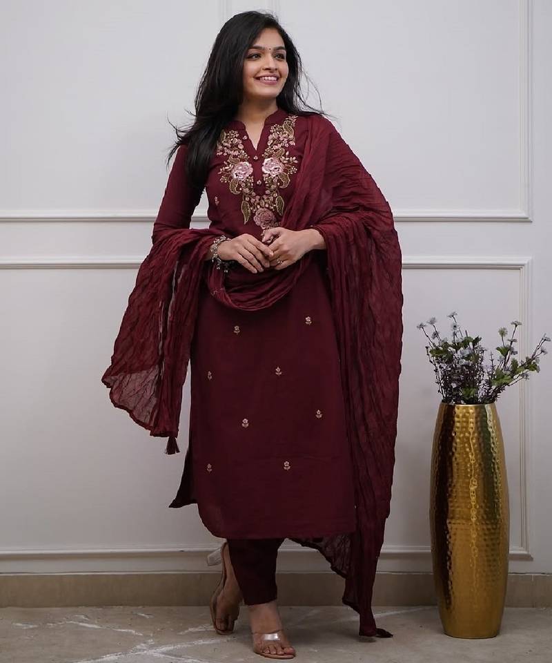 Women maroon embroidered kurta set with dupatta
