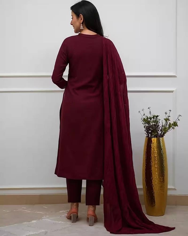 Women maroon embroidered kurta set with dupatta