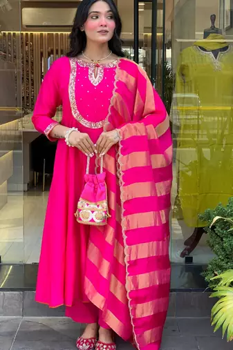 Women rani embroidered anarkali kurta set with dupatta