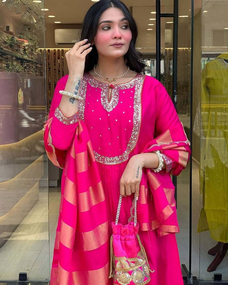 Women rani embroidered anarkali kurta set with dupatta