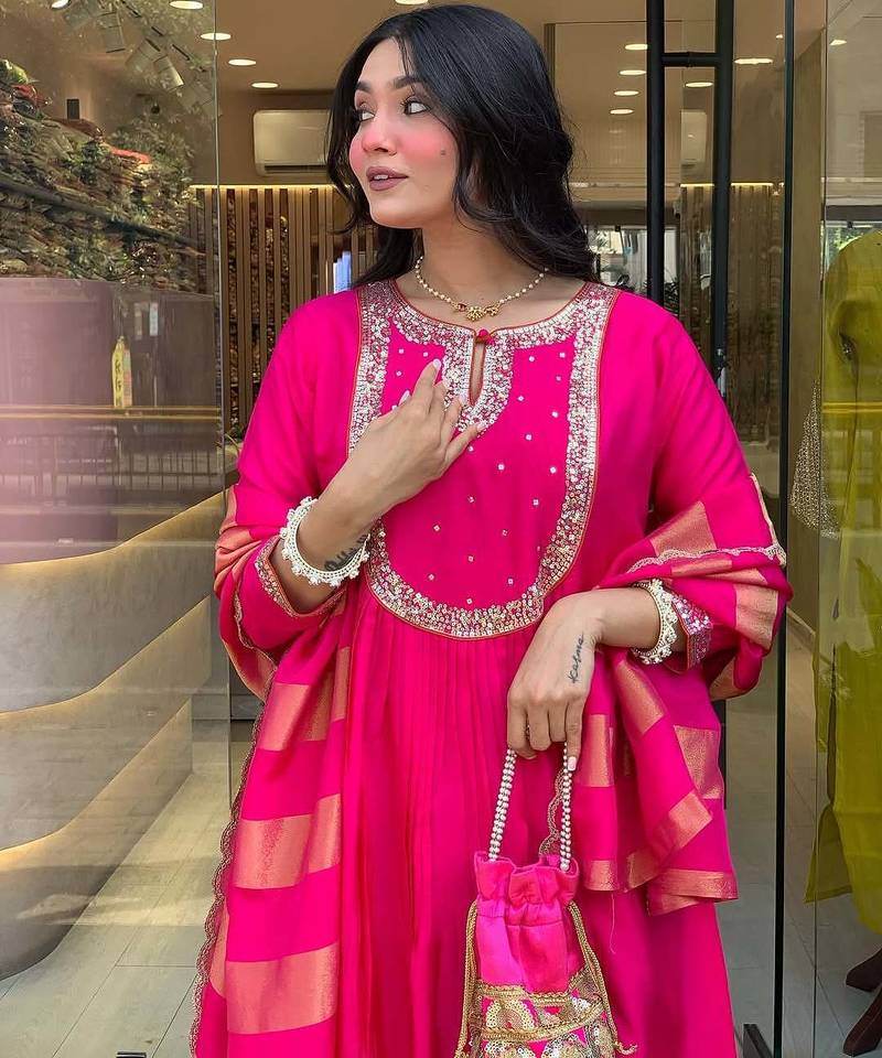 Women rani embroidered anarkali kurta set with dupatta