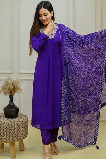 Women royal purple embroidered kurta set with dupatta