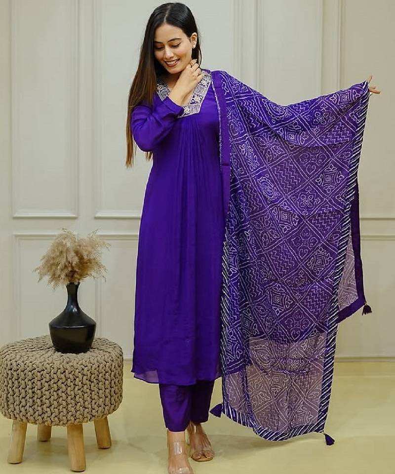 Women royal purple embroidered kurta set with dupatta