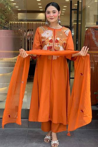 Women orange embroidered kurta set with dupatta