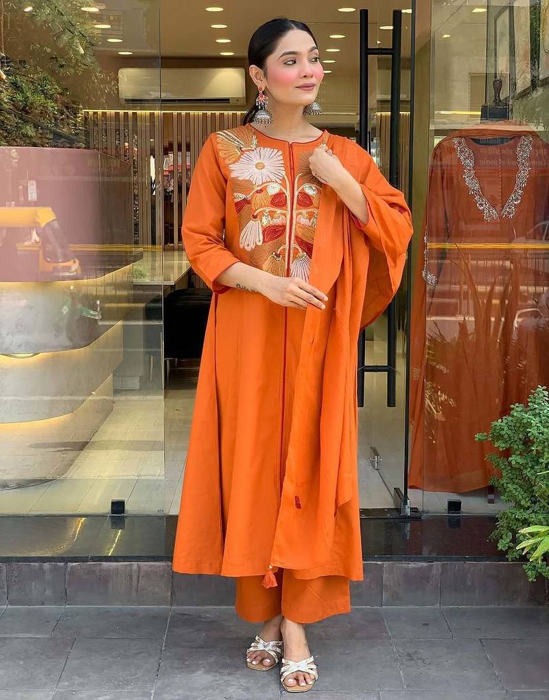 Women orange embroidered kurta set with dupatta