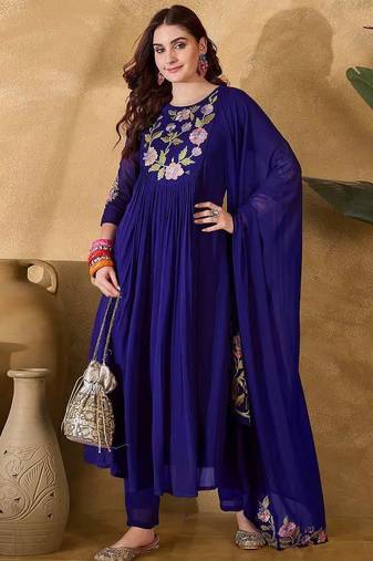 Women navy blue embroidered kurta set with dupatta