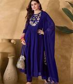 Women navy blue embroidered kurta set with dupatta