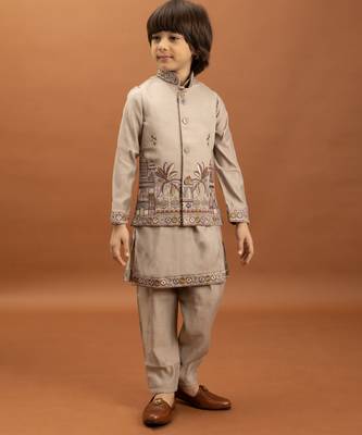 beige viscose silk embroidered boys kurta set with jacket & pant 6
