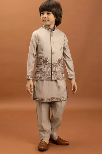 beige viscose silk embroidered boys kurta set with jacket & pant