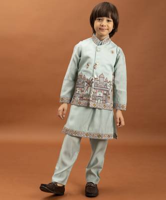 sky blue viscose silk embroidered boys kurta set with jacket & pant 6