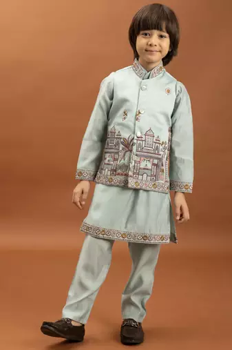 sky blue viscose silk embroidered boys kurta set with jacket & pant