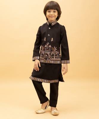 black viscose silk embroidered boys kurta set with jacket & pant 6