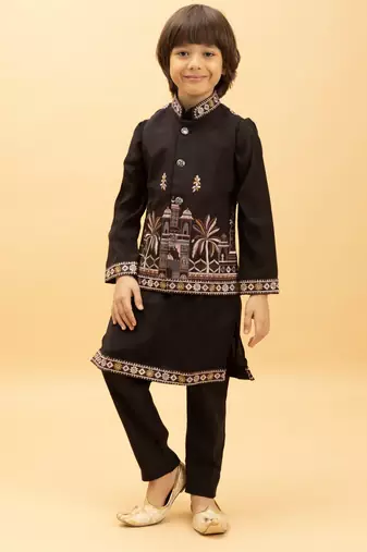 black viscose silk embroidered boys kurta set with jacket & pant