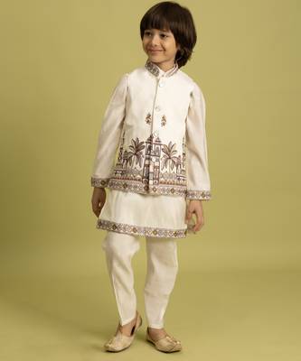 white viscose silk embroidered boys kurta set with jacket & pant 6