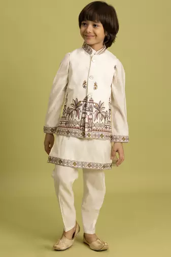 white viscose silk embroidered boys kurta set with jacket & pant