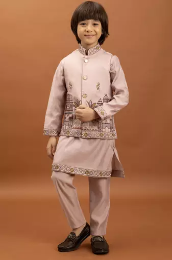 pink viscose silk embroidered boys kurta set with jacket & pant