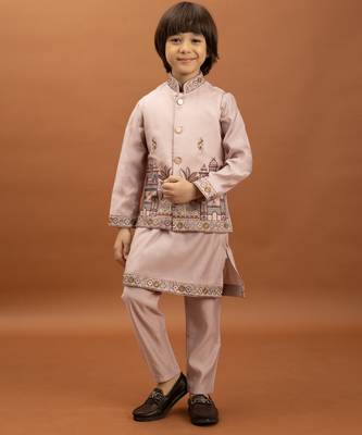 pink viscose silk embroidered boys kurta set with jacket & pant 7