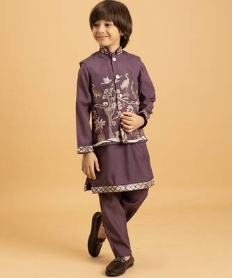purple viscose silk boys kurta pajama with embroidered jacket for festive wear 6