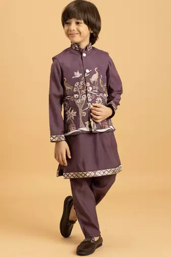 purple viscose silk boys kurta pajama with embroidered jacket for festive wear