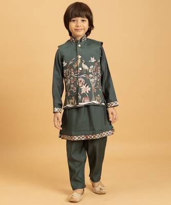 green viscose silk boys kurta pajama with embroidered jacket for festive wear 6