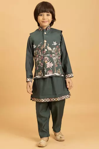 green viscose silk boys kurta pajama with embroidered jacket for festive wear