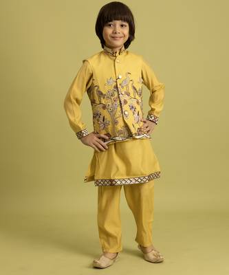 yellow viscose silk boys kurta pajama with embroidered jacket for festive wear 6