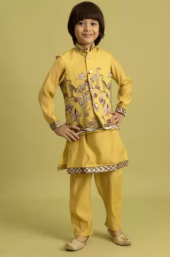 yellow viscose silk boys kurta pajama with embroidered jacket for festive wear