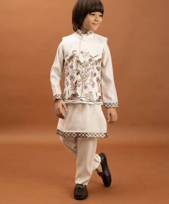 white viscose silk boys kurta pajama with embroidered jacket for festive wear 6