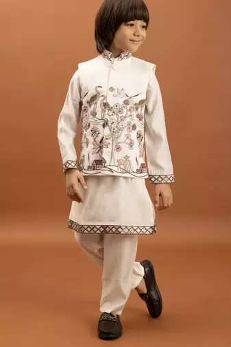 white viscose silk boys kurta pajama with embroidered jacket for festive wear