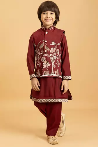 maroon viscose silk boys kurta pajama with embroidered jacket for festive wear