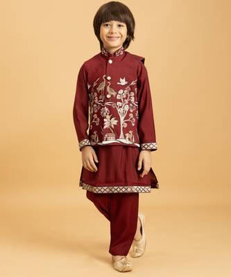 maroon viscose silk boys kurta pajama with embroidered jacket for festive wear 7