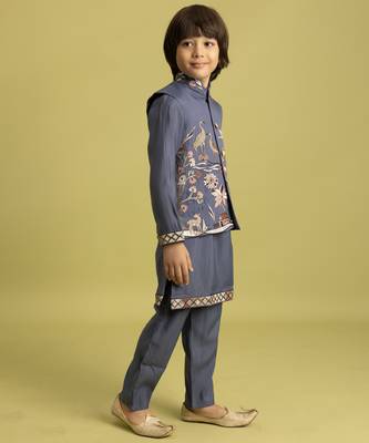 blue grey viscose silk boys kurta pajama with embroidered jacket for festive wear 6