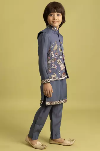 blue grey viscose silk boys kurta pajama with embroidered jacket for festive wear