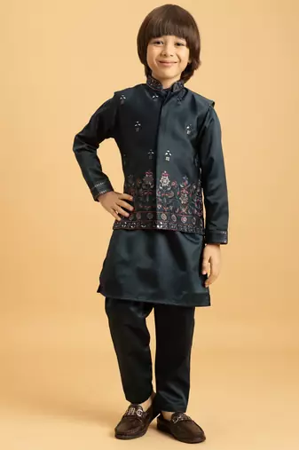 dark green satin boys kurta pajama set with thread embroidered jacket