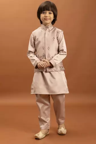 peach satin boys kurta pajama set with thread embroidered jacket