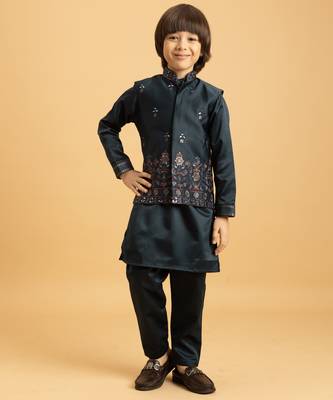 dark green satin boys kurta pajama set with thread embroidered jacket 7
