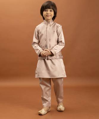 peach satin boys kurta pajama set with thread embroidered jacket 7