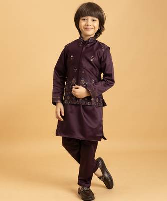 purple satin boys kurta pajama set with thread embroidered jacket 6